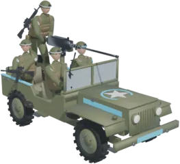 A jeep with a mounted machine gun and four soldiers.